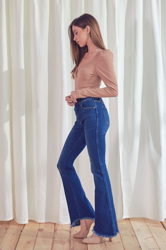 HIGH RISE FRAYED HEM FLARE DENIM