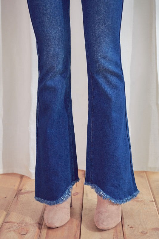 HIGH RISE FRAYED HEM FLARE DENIM