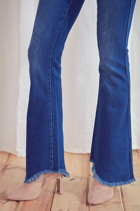 HIGH RISE FRAYED HEM FLARE DENIM