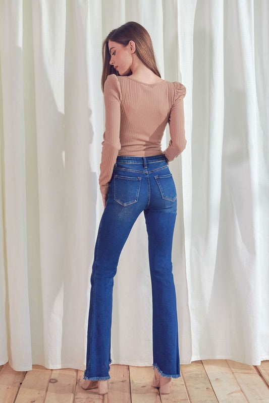 HIGH RISE FRAYED HEM FLARE DENIM