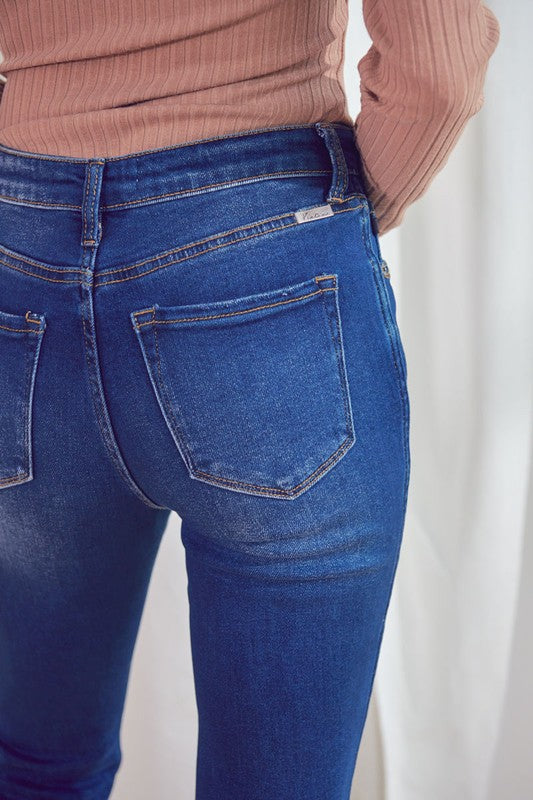 HIGH RISE FRAYED HEM FLARE DENIM