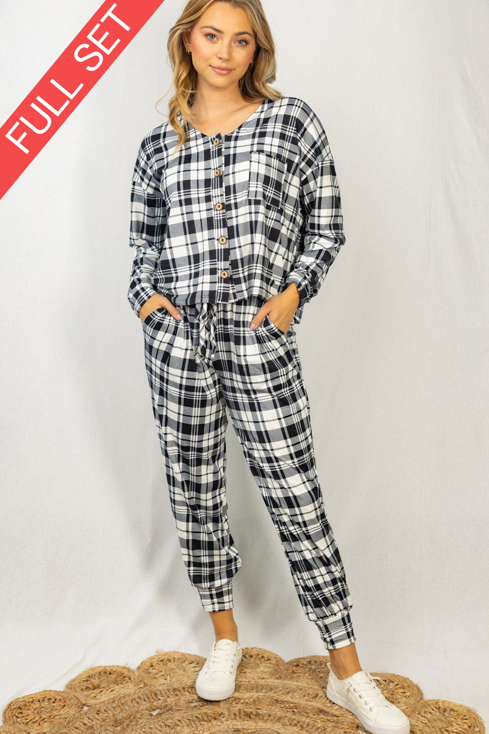 Long Sleeve Plaid Knit Set