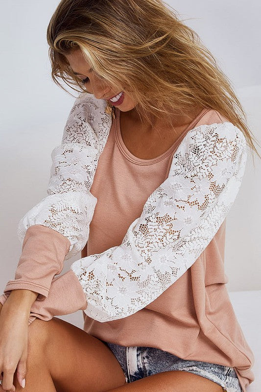FRENCH TERRY KNIT WITH LACE PUFF SLEEVE TOP