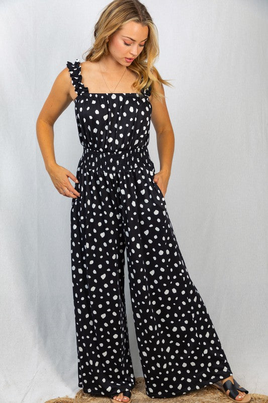 Sleeveless Polka Dot Print Knit Jumpsuit