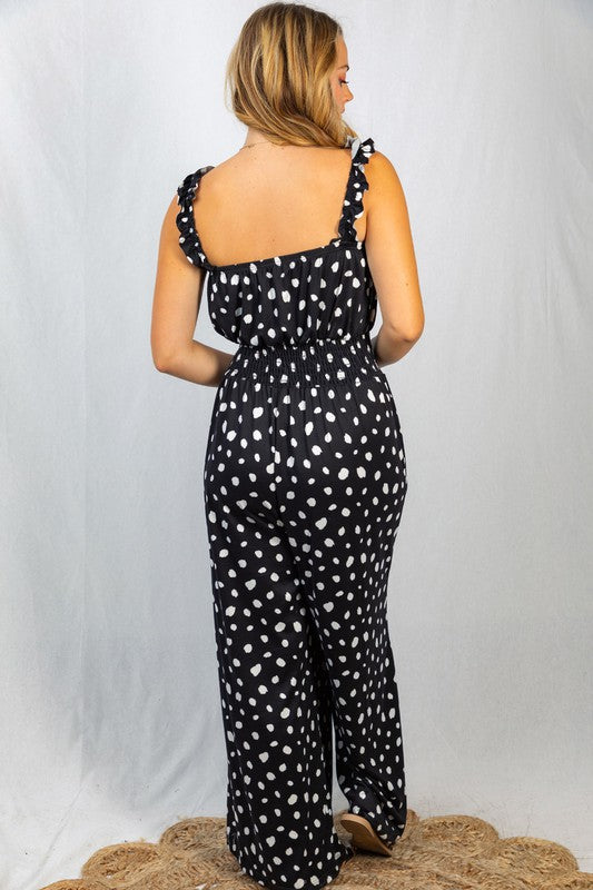 Sleeveless Polka Dot Print Knit Jumpsuit