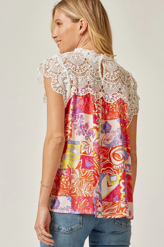 Crochet Neckline Print Top