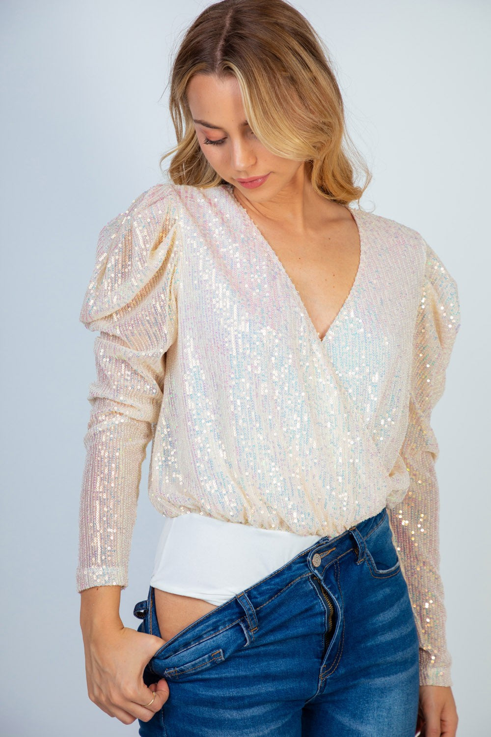 Long Sleeve Metalic Sequin Knit Bodysuit