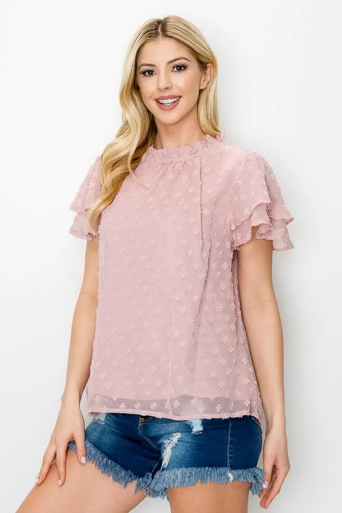 WHITE Swiss Dots Ruffle Trim Mock Neck Blouse