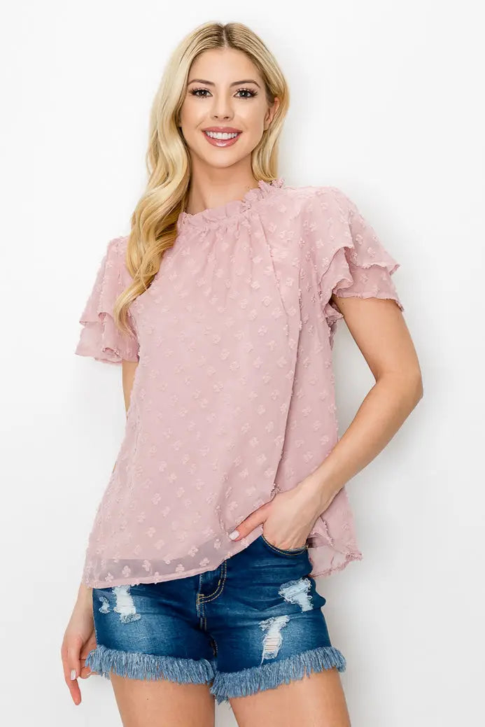 WHITE Swiss Dots Ruffle Trim Mock Neck Blouse