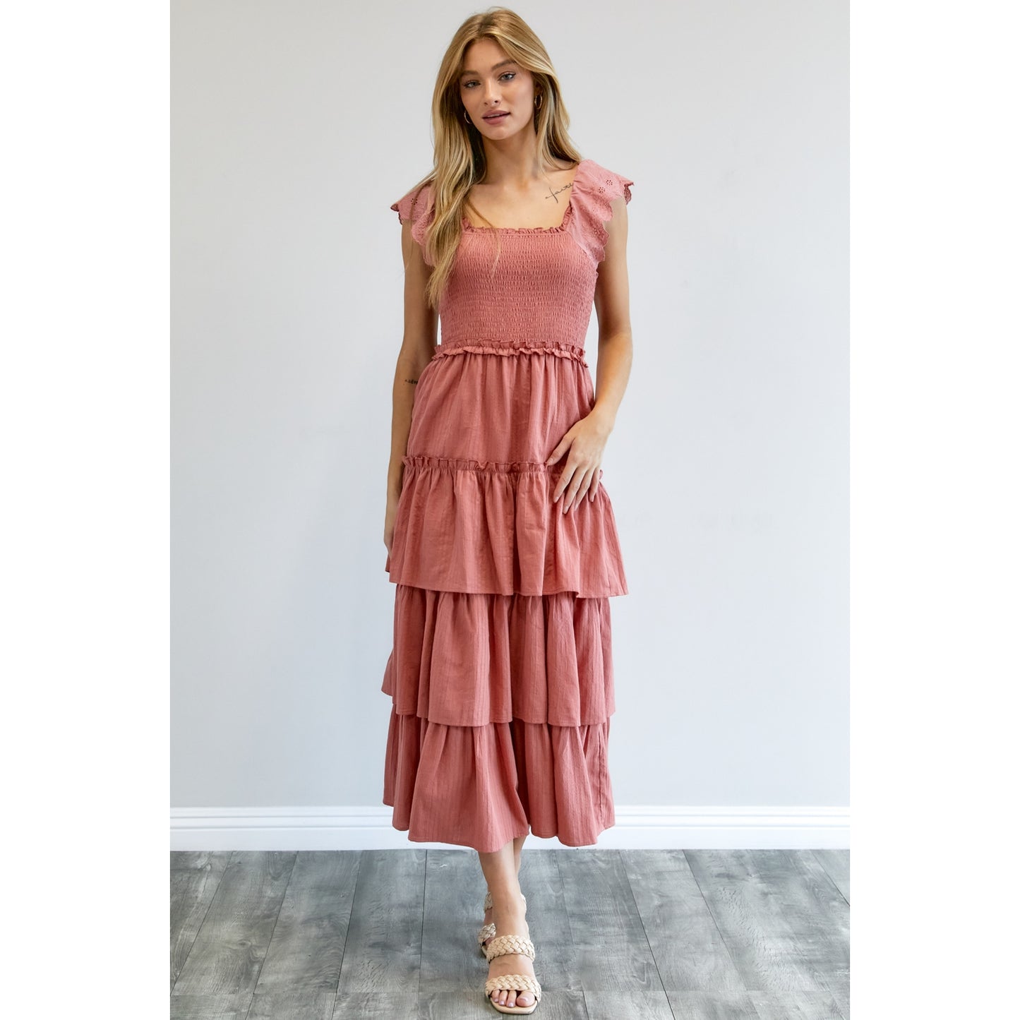 Solid Smocked Layered Maxi Dress