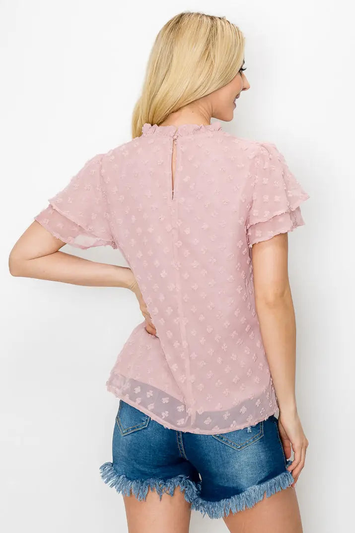 WHITE Swiss Dots Ruffle Trim Mock Neck Blouse