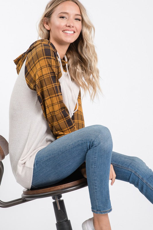 Plaid Long Sleeve Top with Hood