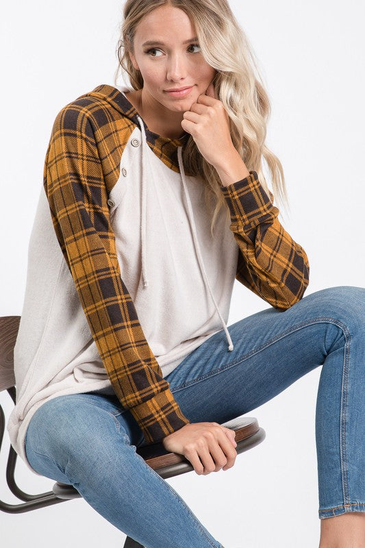 Plaid Long Sleeve Top with Hood