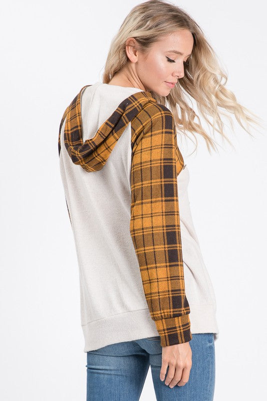 Plaid Long Sleeve Top with Hood