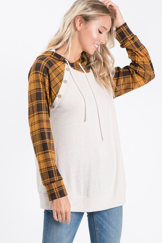 Plaid Long Sleeve Top with Hood