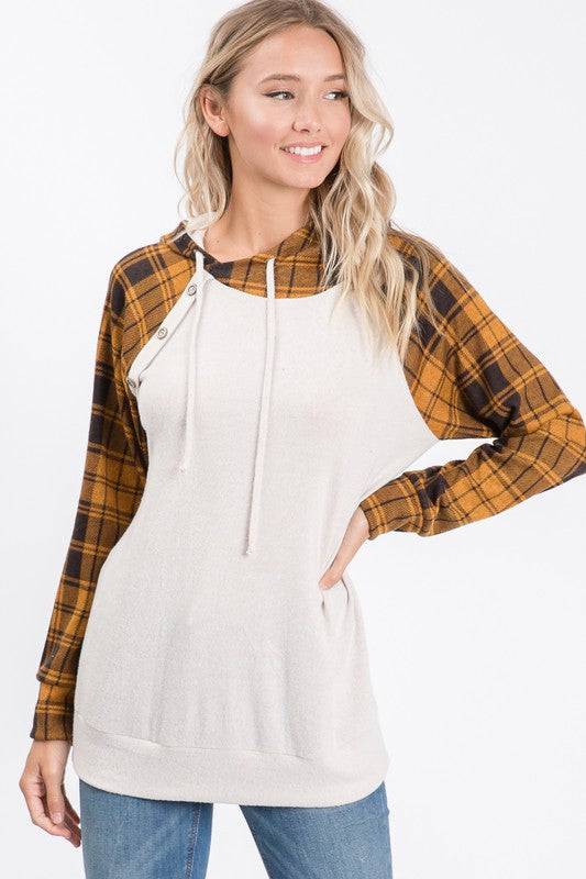 Plaid Long Sleeve Top with Hood