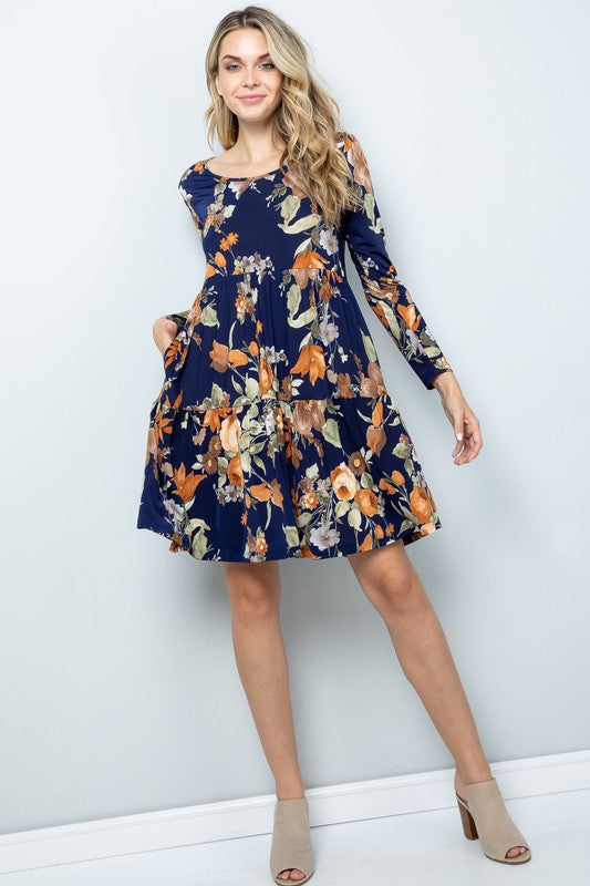 Navy Long Sleeve Flower Dress with Pockets