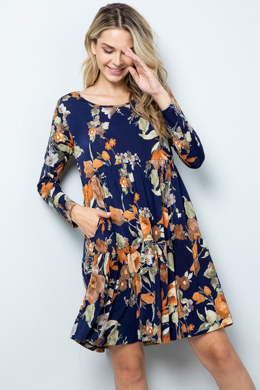 Navy Long Sleeve Flower Dress with Pockets