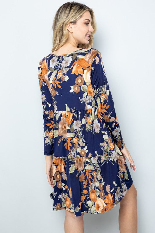 Navy Long Sleeve Flower Dress with Pockets