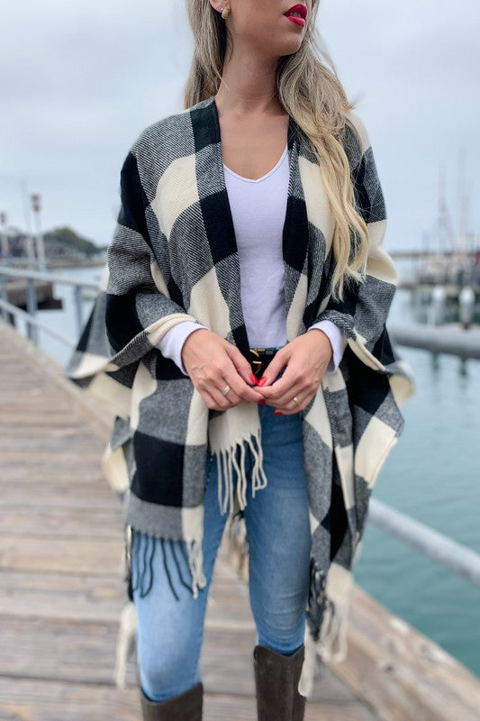 Buffalo Plaid Kimono Ruana Cardigan With Tassel