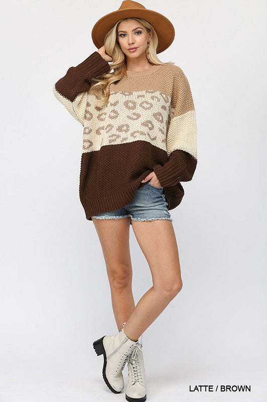 Color Block and Leopard Pattern Mixed Sweater