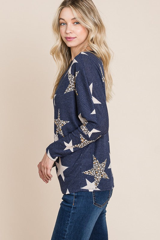 Star Print Waffle Knit Top