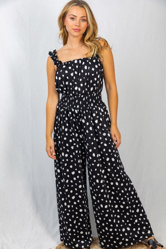 Sleeveless Polka Dot Print Knit Jumpsuit