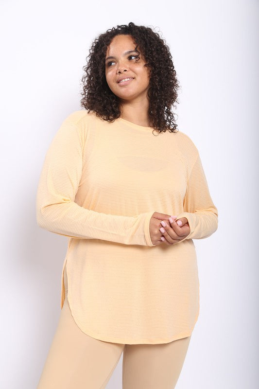 Ribbed Mesh Long Sleeve Flow Top With Side Slits in Apricot Ice