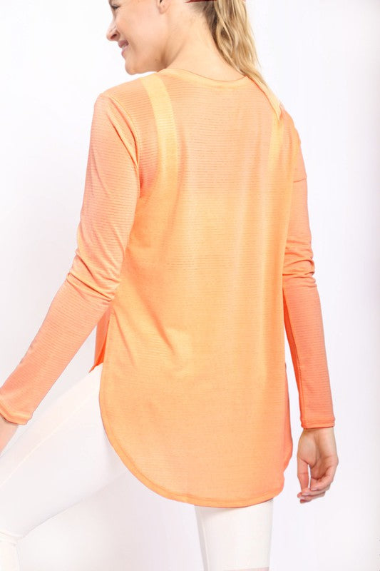 Ribbed Mesh Long Sleeve Flow Top With Side Slits in Apricot Ice