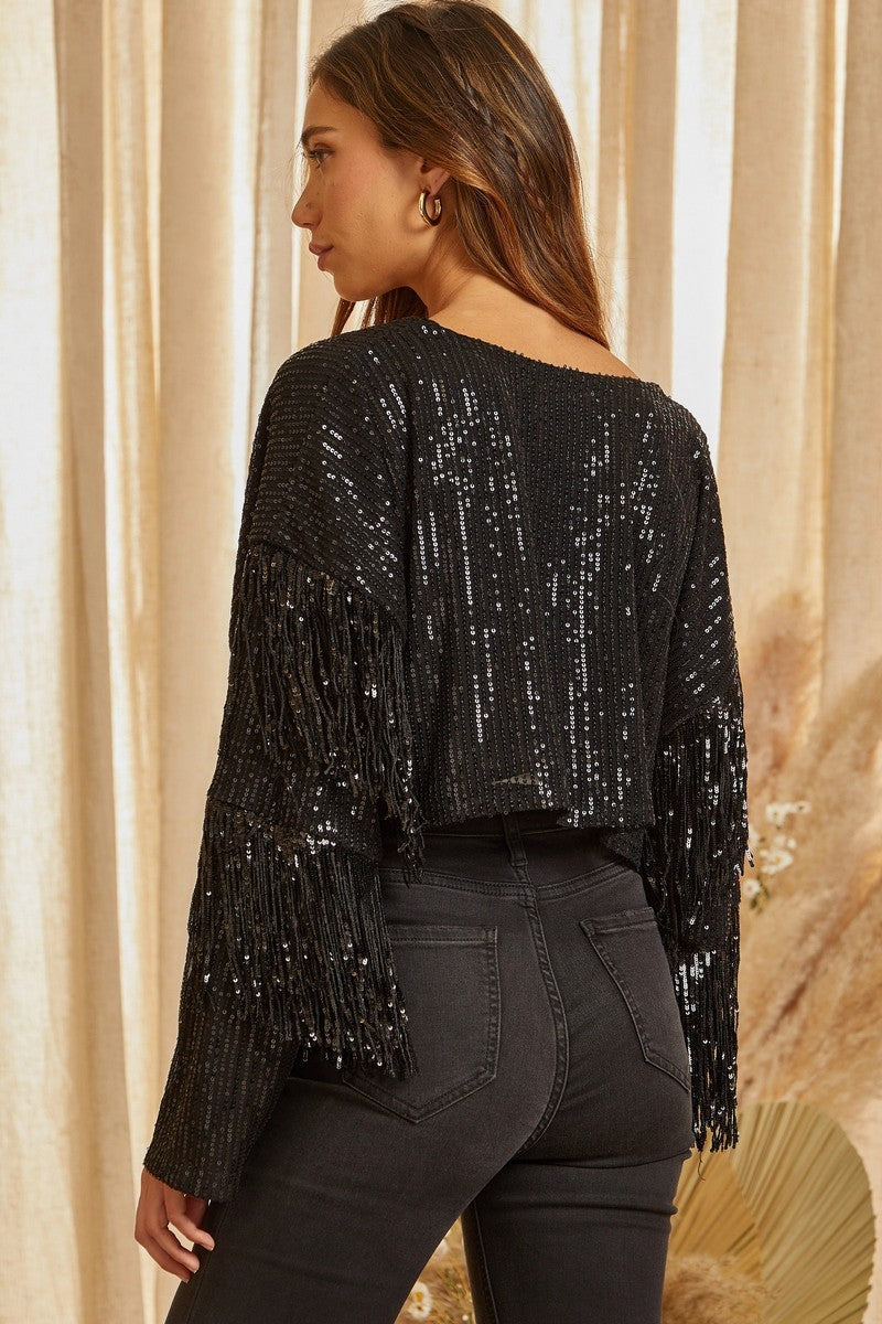 Sequin Jacket with Fringe Sleeves