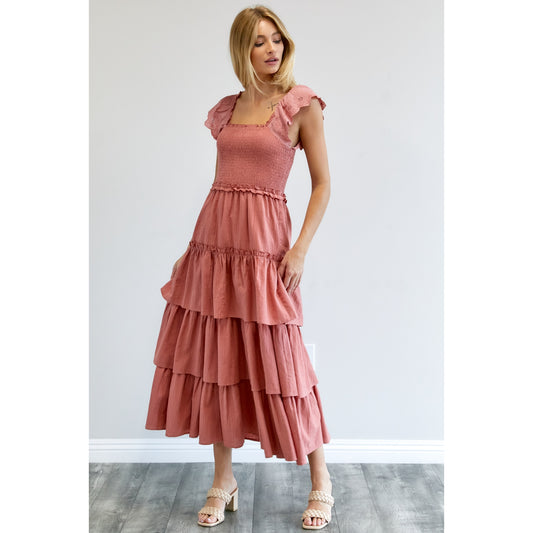 Solid Smocked Layered Maxi Dress