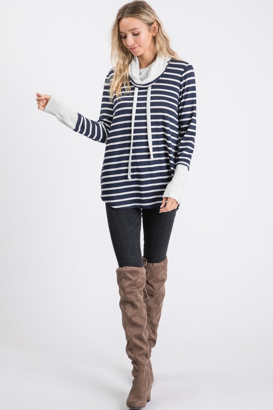 Stripe Knit Long Sleeve Cowl Neck Top