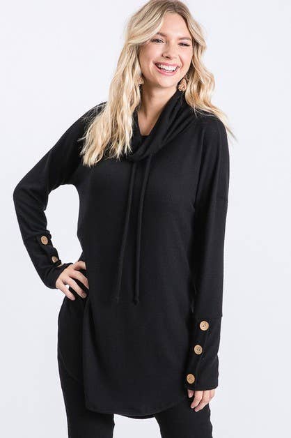 COWL NECK BUTTON TAB SLEEVE TUNIC (PLUS SIZE AVAILABLE)